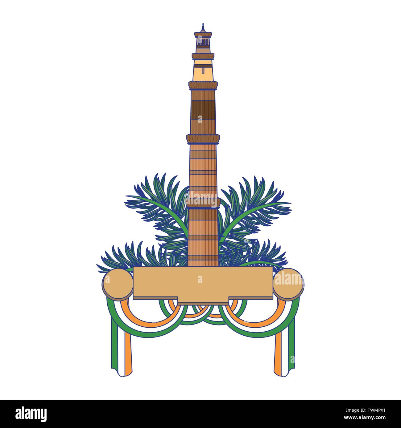Torre indiano emblema con foglie e banner con le bandiere delle linee blu Illustrazione Vettoriale