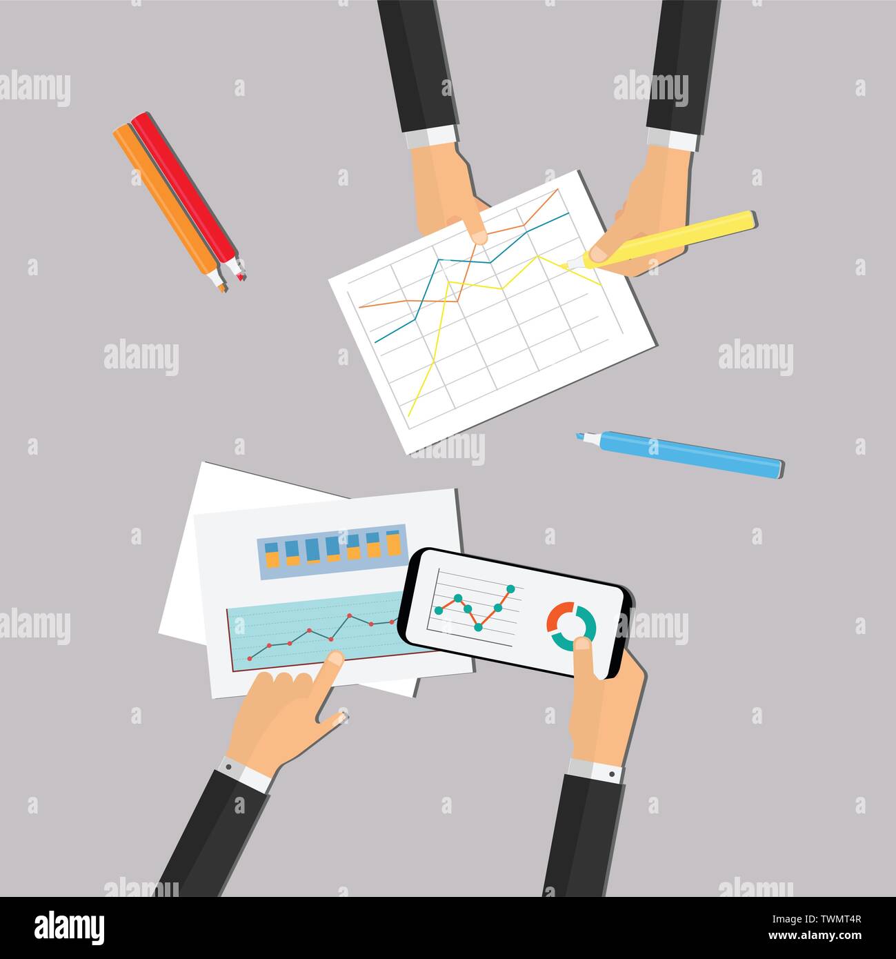 Le mani di due persone in possesso di grafica su carta e su telefono cellulare Illustrazione Vettoriale