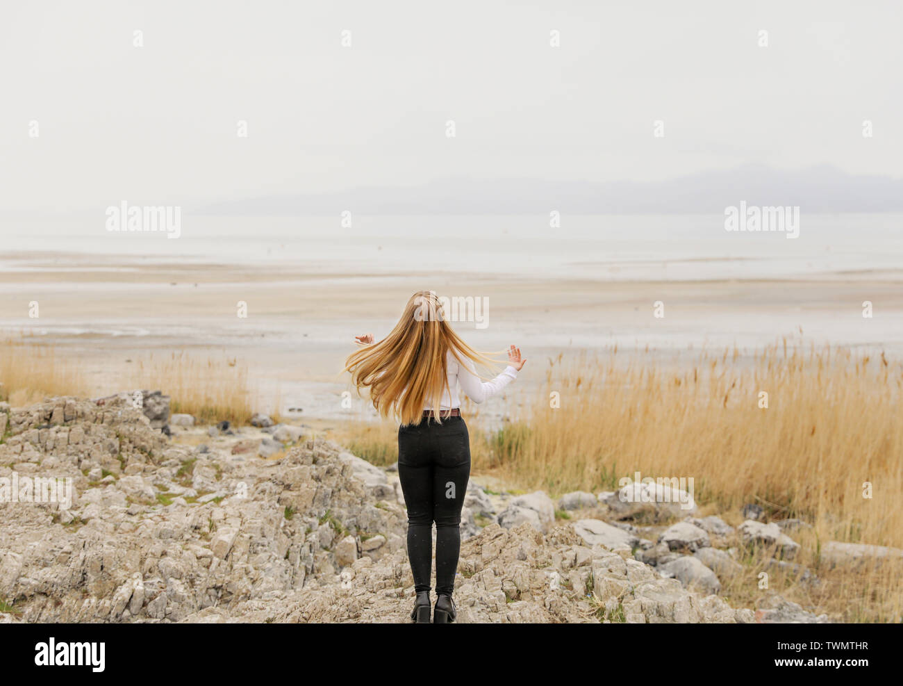 Vista sul retro di una giovane donna con capelli lunghi biondi come lei si affaccia la vasta scena del grande lago salato a distanza, Foto Stock