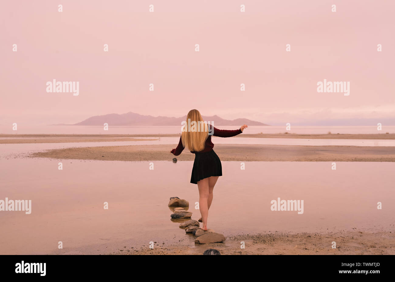 Vista sul retro di una giovane donna con capelli lunghi biondi come lei si affaccia la vasta scena del grande lago salato a distanza, Foto Stock
