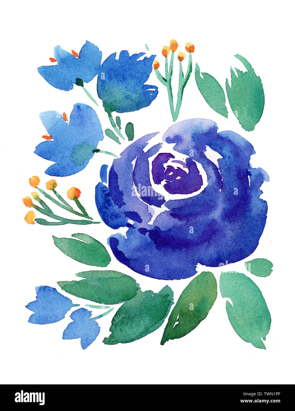 Disegno A Mano Boho Acquerello Illustrazione Floreale Con Fiori Di Colore Blu Rami Foglie Foto Stock Alamy