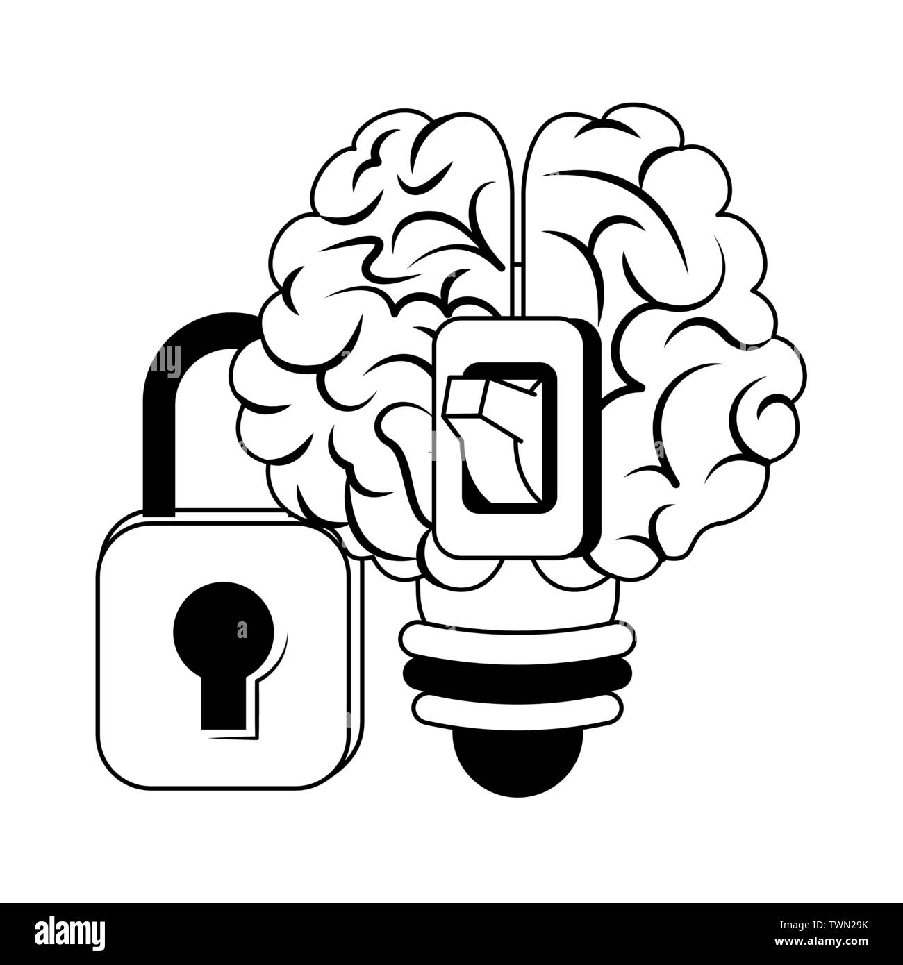 Cervello umano di intelligenza e creatività cartoni animati in bianco e nero Illustrazione Vettoriale