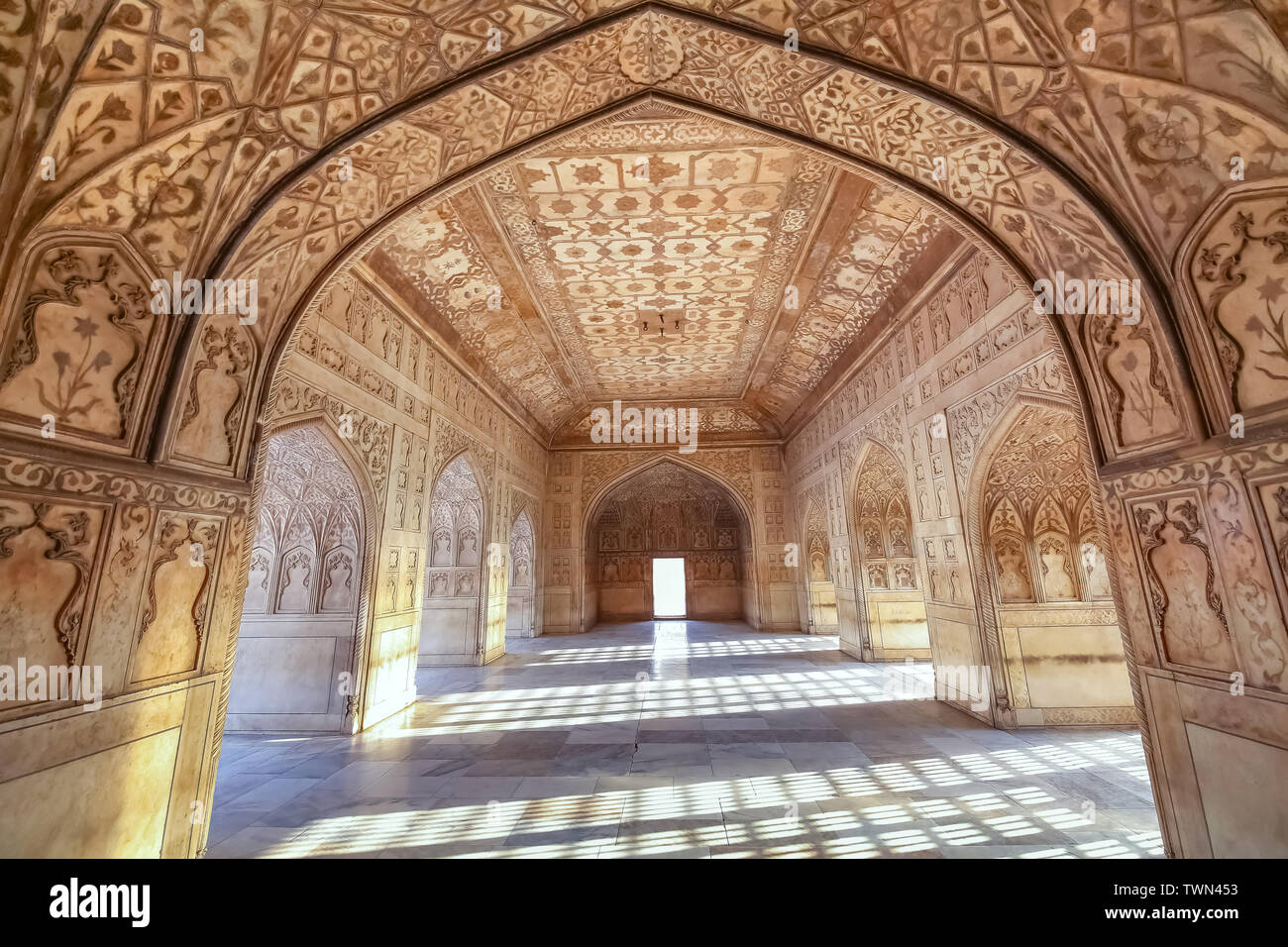 Agra Fort royal palace architettura interni con parete di intricati artwork e intagli. Agra Fort è un sito Patrimonio Mondiale dell'UNESCO Foto Stock