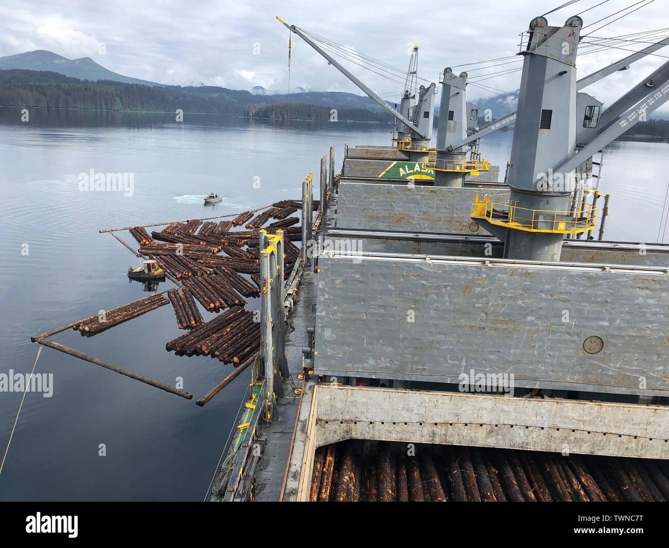 La nave in Alaska, un 600-piede, Panama-contrassegnato nave da carico, si siede nella baia in attesa di ispezione in prossimità Afognak isola, a nord di isola di Kodiak, Alaska, 18 giugno 2019. Quattro persone con sicurezza marina distacco Kodiak viaggiato a Afognak per condurre un annuale del controllo dello Stato di approdo esame. Questo esame è condotto su navi straniere a verificare la validità della documentazione pertinente e che le condizioni generali della nave, delle attrezzature e dell'equipaggio. Stati Uniti Coast Guard foto di Sottufficiali di seconda classe Lyndsey Quintana Hernandez. Foto Stock