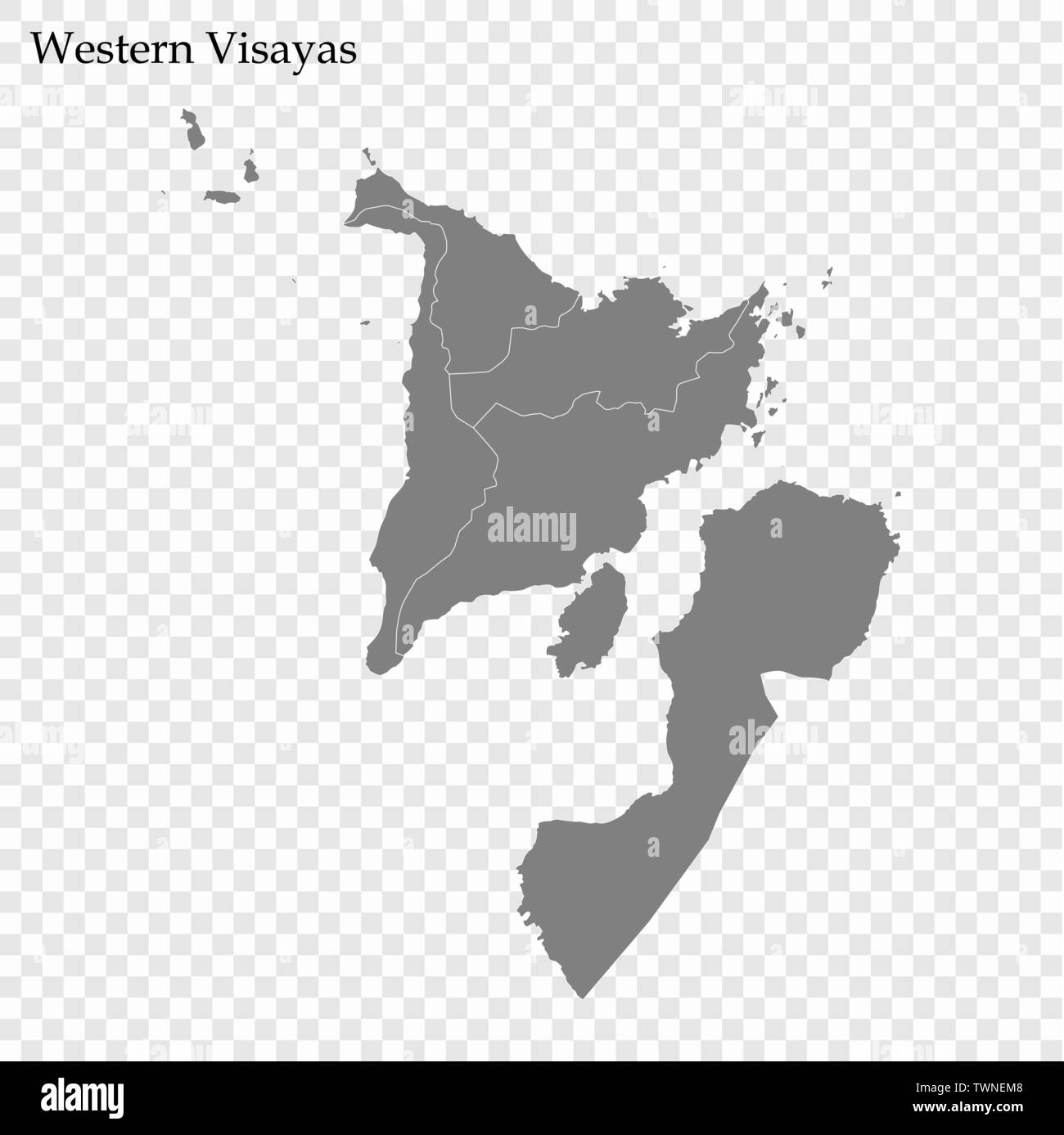 Alta qualità di mappa Western Visayas è una regione delle Filippine, con i confini delle province Illustrazione Vettoriale