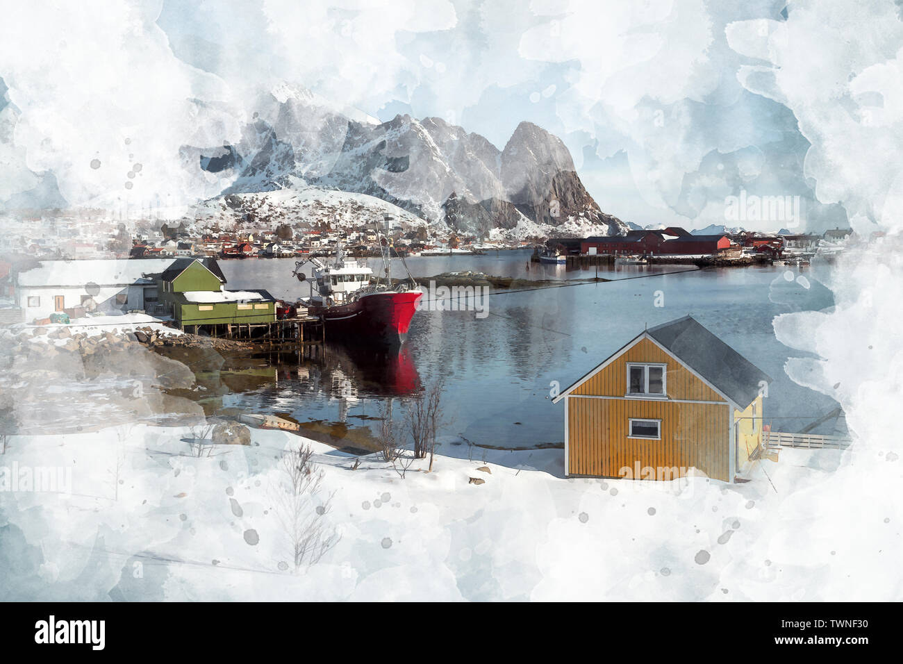 Acquerello di Scandinavian villaggio sulla costa a isole Lofoten Foto Stock