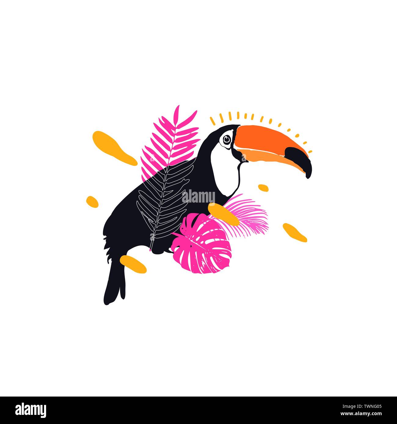 Illustrazione Vettoriale - Toucan, uccelli esotici fiori tropicali, foglie di palma, uccello del paradiso Illustrazione Vettoriale