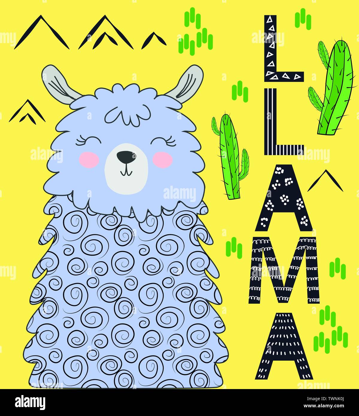 Cartoon carino llama alpaca vector graphic design set. Disegnata a mano llama carattere illustrativo e elementi di cactus Illustrazione Vettoriale