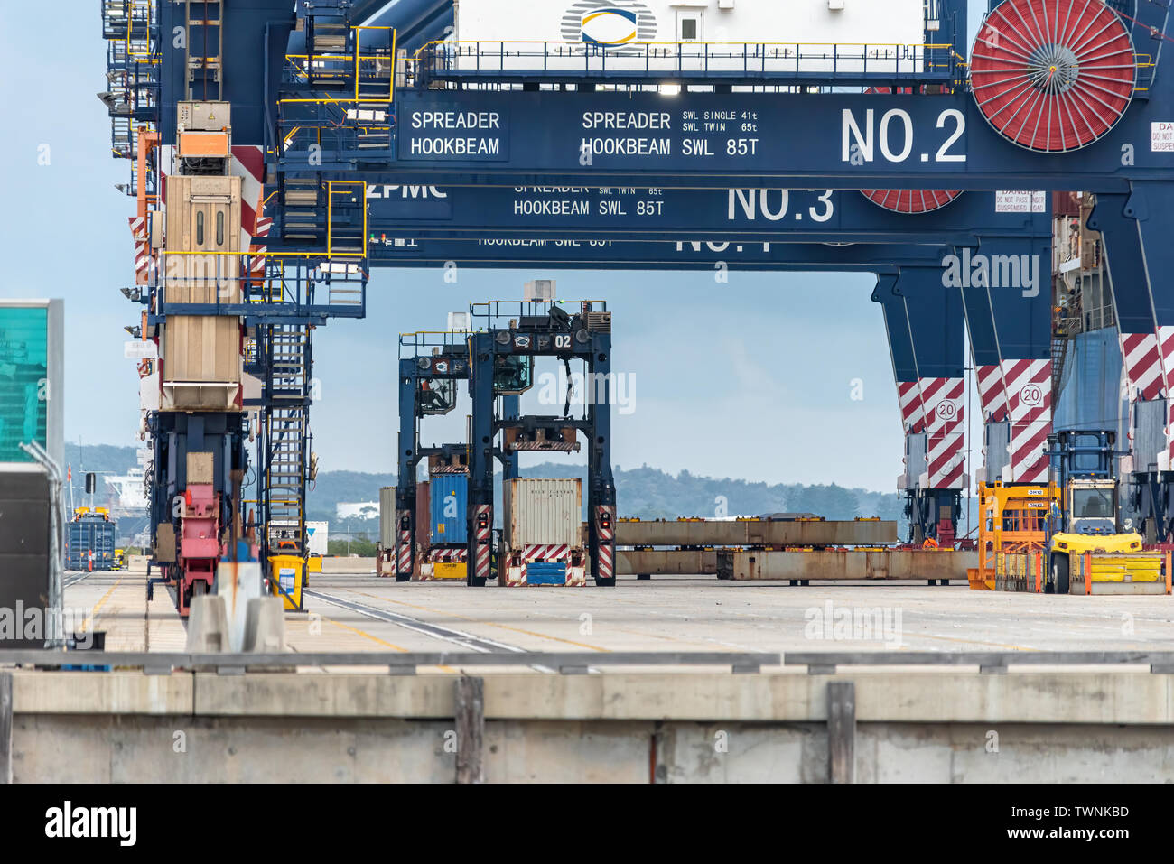 "Straddle Carrier prelevare i contenitori di una nave al porto di botanica Foto Stock
