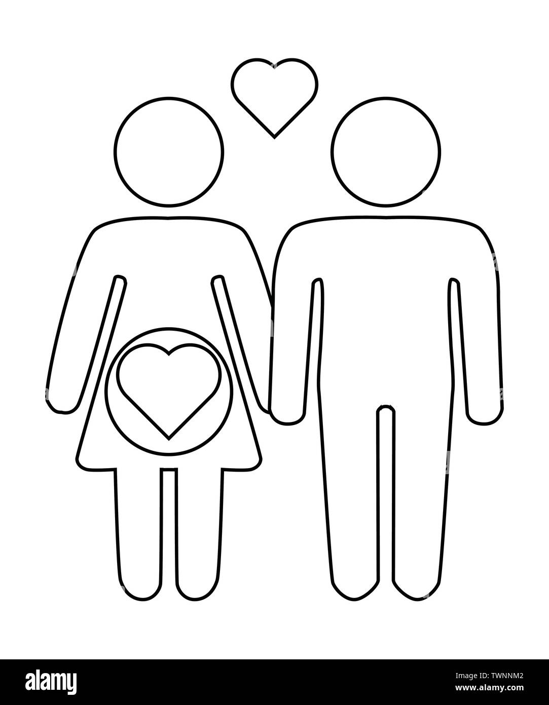 Una rappresentazione schematica di una famiglia etero giovane uomo e donna con i bambini, icona Illustrazione Vettoriale