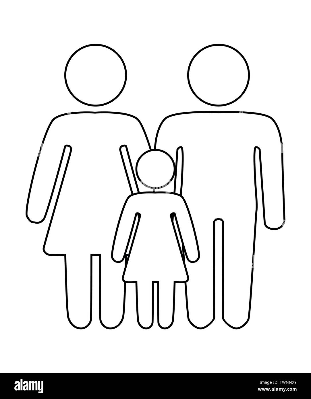 Una rappresentazione schematica di una famiglia etero giovane uomo e donna con i bambini, icona Illustrazione Vettoriale