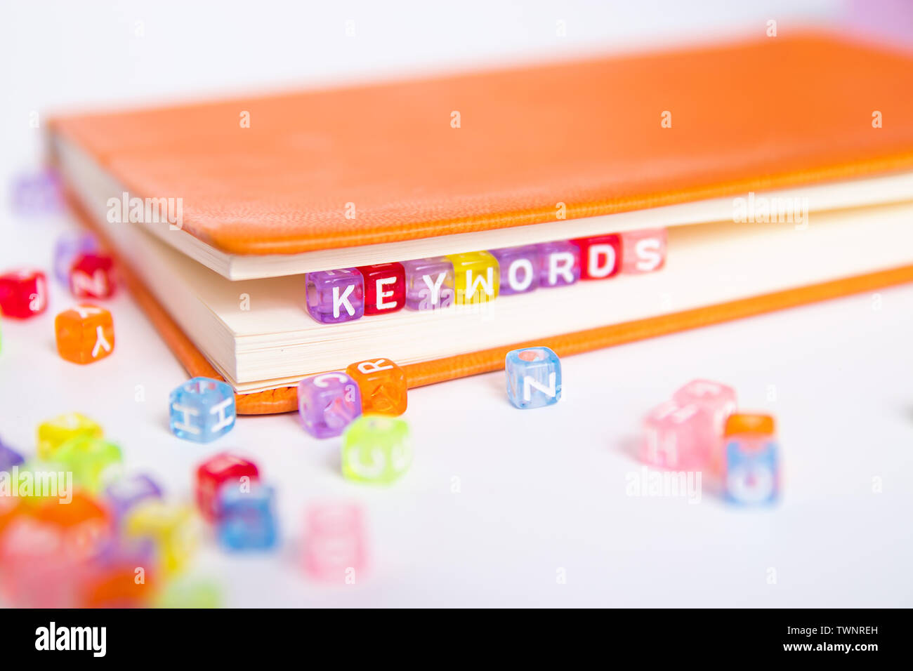 Parole Chiave parola sul cordone colorato blocco come segnalibro nel libro. Le parole chiave di ricerca di contenuti e di marketing idea concept Foto Stock