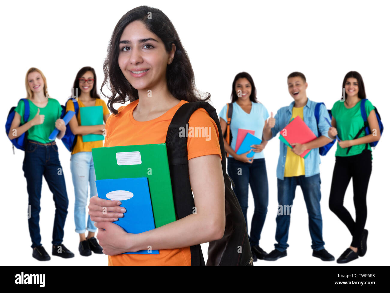 Successo arabo studentessa con gruppo di studenti isolato su un fondo bianco per tagliare Foto Stock