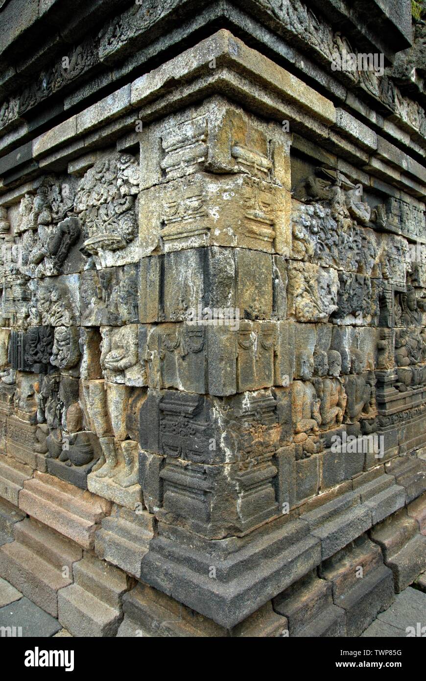 I dettagli della parete scolpita in Borobudur. Il Borobudur è un 9th-secolo Mahayana tempio buddista. Esso è il più grande tempio buddista. Foto Stock