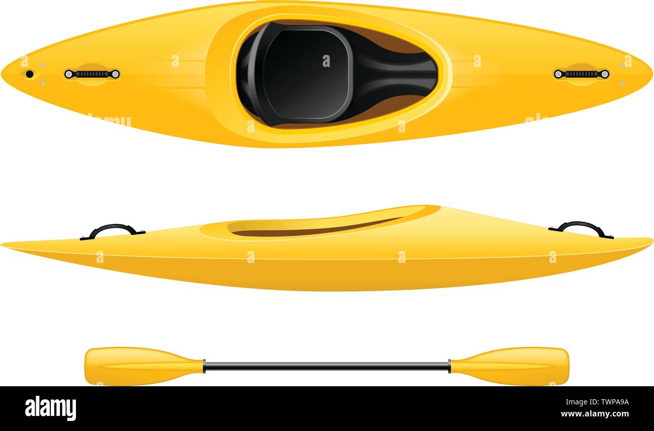 Kayak in plastica per la pesca e il turismo, giallo canoa vista dall'alto e laterale Illustrazione Vettoriale