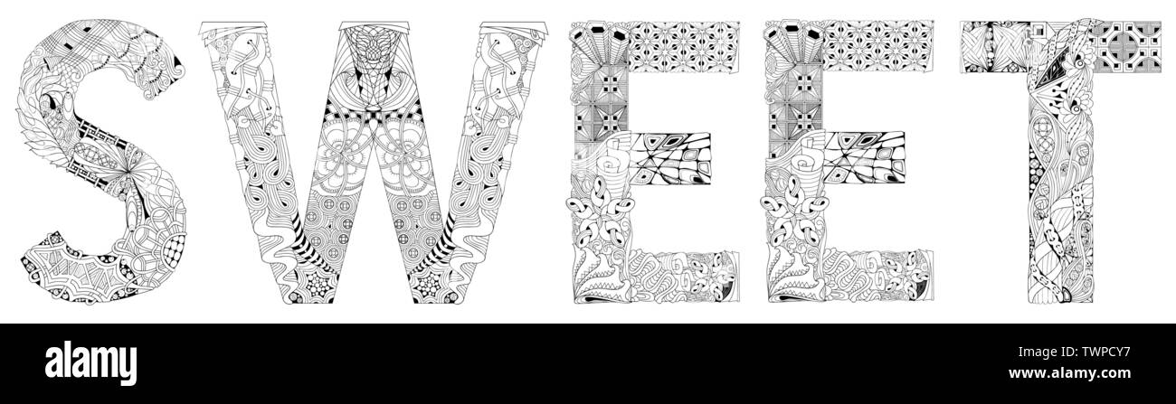 Dipinte a mano e art design. Adulto anti-stress pagina di colorazione. In bianco e nero disegnato a mano illustrazione parola dolce per libro da colorare, per anti stress, t-shi Illustrazione Vettoriale