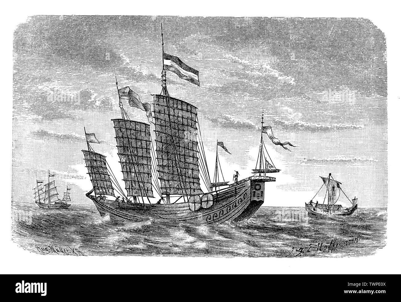 Giunca Cinese è un tipo di antica nave a vela si sviluppò a partire dal II secolo D.C. per un vasto oceano viaggi, essi sono fatti di legni dolci con completamente battened vele,un tipo di vela rig in cui elementi rigidi, chiamato correntini, si estendono per tutta la larghezza della vela e di estendere la vela in avanti del montante.Le Vele, realizzato da stuoie tessute rinforzato con bambù. Oceaniche giunche da presentare un profilo curvo scafo nella sezione. Foto Stock