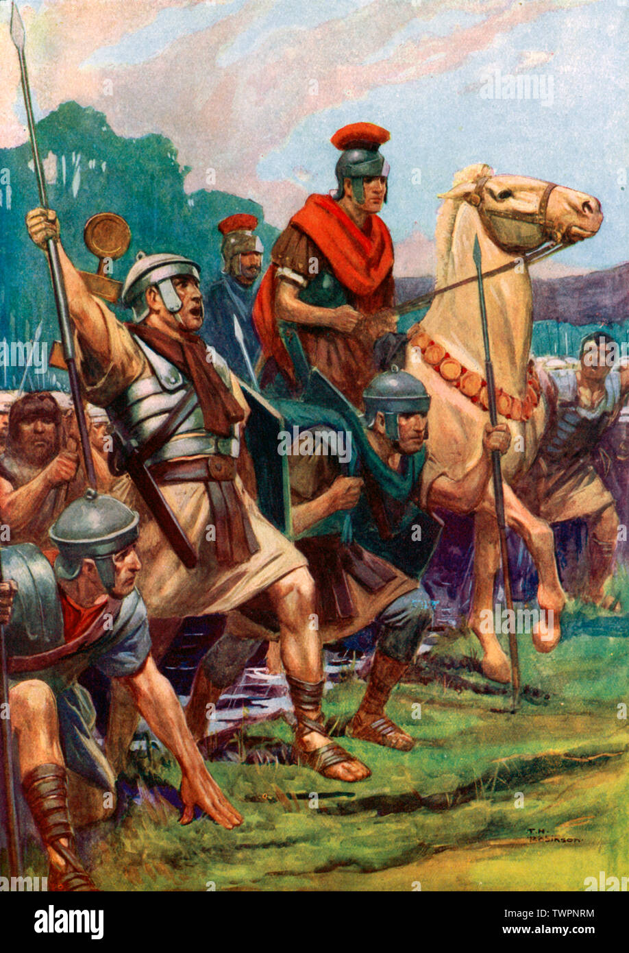 Giulio Cesare che attraversa il Rubicone. Gaio Giulio Cesare (100 a.C. – 44 a.C.) è stato un generale romano, statista e console. Cesare attraversò il Rubicone con la sua legione come segno di sfida nel 49 a.C. Uscendo dalla sua provincia entrò illegalmente in territorio romano sotto le armi. Ciò ha portato alla guerra civile, che lo ha visto emergere come leader incomparabile di Roma. Foto Stock