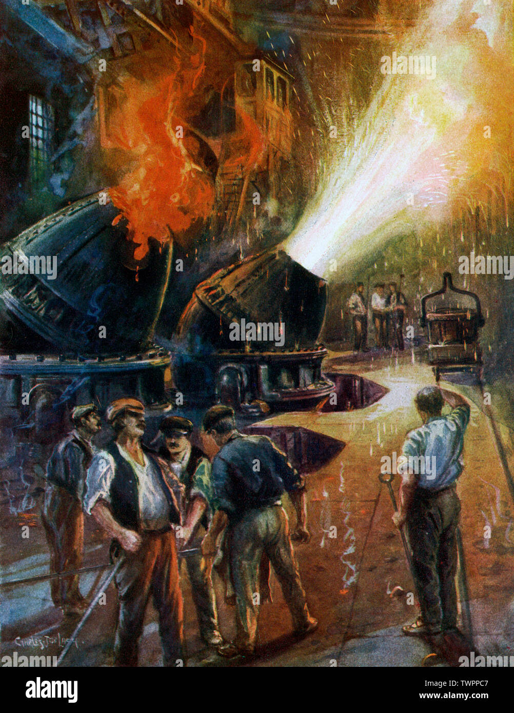 'A Bessemer Converter' c1930. Di Charles De Lacy (1856-1929). Il processo di Bessemer è stato il primo processo industriale poco costoso per la produzione in serie di acciaio da ghisa fusa. Il processo prende il nome dal suo inventore, Henry Bessemer (1813-1898). Bessemer ha portato a termine un brevetto sul processo nel 1855. Foto Stock