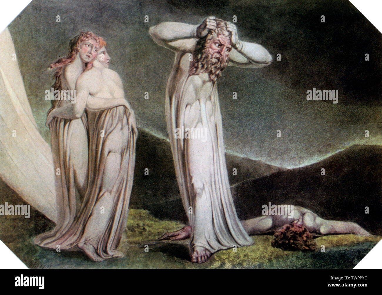 "Lamech e le sue due mogli" 1795. Da William Blake (1757-1827). Lamech fu Caino il grande-grande-pronipote. Lo vediamo qui per chiedere protezione dalle conseguenze degli omicidi che non ha commesso. Foto Stock