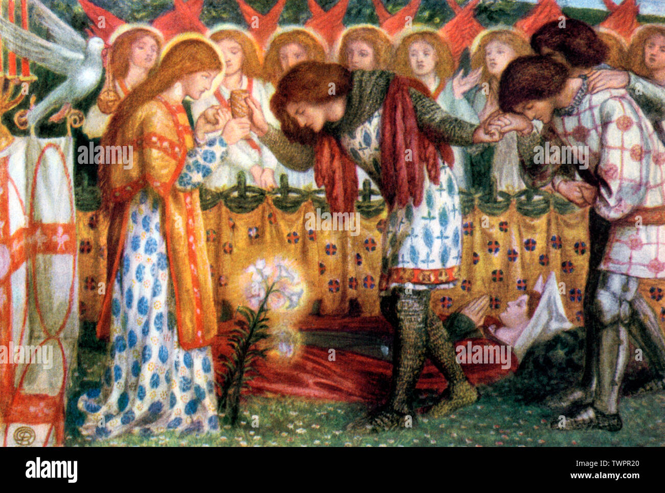 'Come Sir Galahad, Sir Bors e Sir Percival sono state alimentate con il Sanct Grael; ma Sir Percival e la sorella di morti per la strada". Da Dante Gabriel Rossetti (1828-1882). Illustrazione per le morte d'Arthur, 1864. Rossetti una volta descritto il Sir Thomas Malory Le della morte d'Arthur come uno dei più grandi libri e ha richiamato la grande ispirazione da Malory di lavoro, questo pezzo incluso. Foto Stock