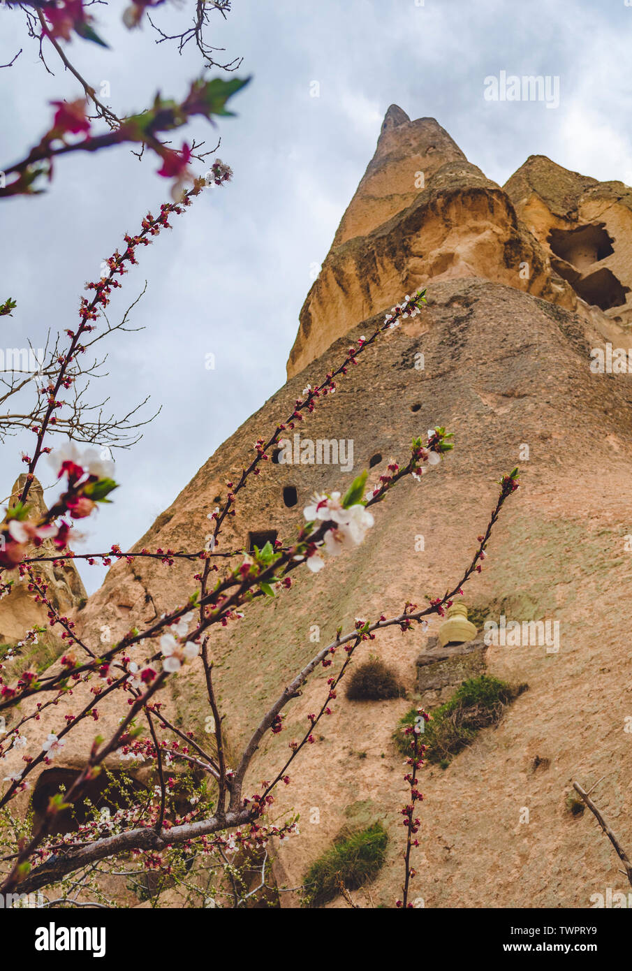 Roccia di tufo vulcanico in turco Cappadocia. Vista dal basso Foto Stock