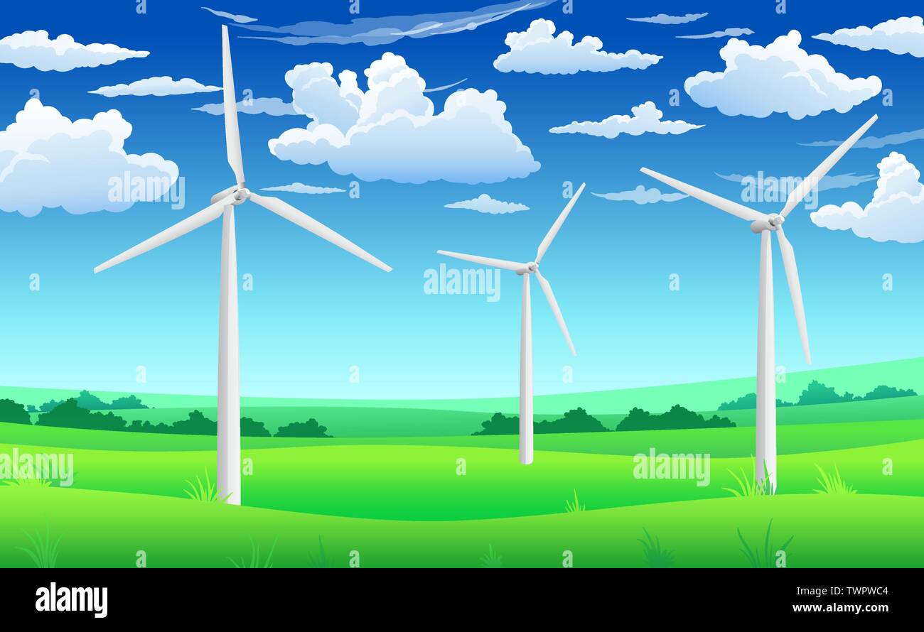 White generatori di vento mulini, turbine eoliche sul campo verde, energia eolica eco-NOZIONE Illustrazione Vettoriale