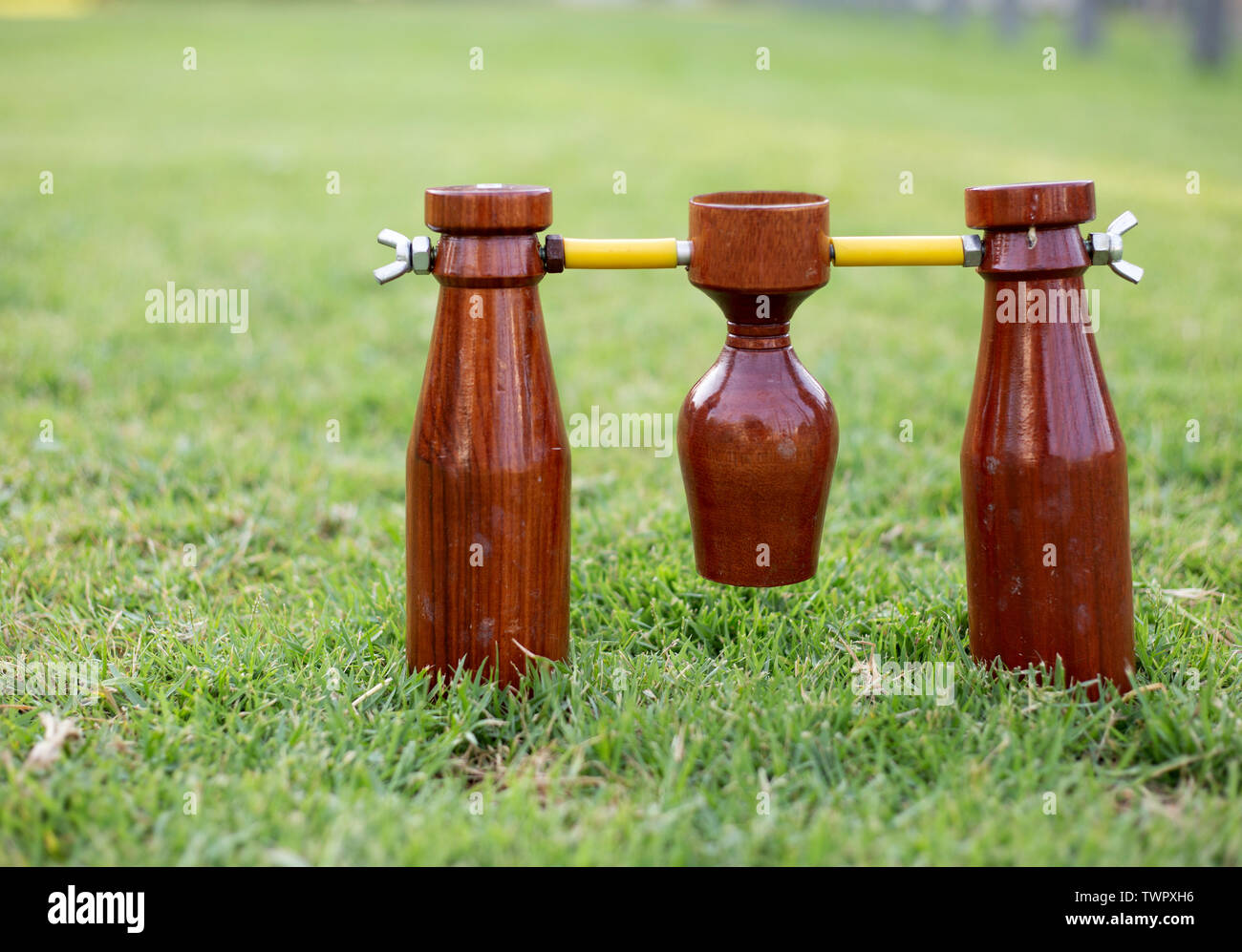 Chiudere fino a sfere di legno outdoor sport gioco su erba verde Foto Stock
