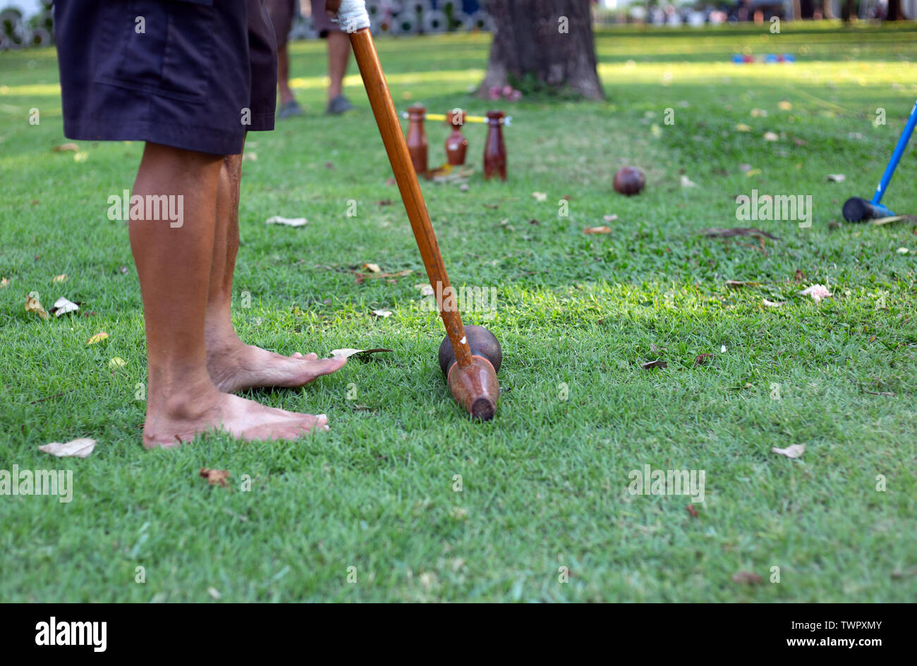 Giocare a palla di legno outdoor sport gioco su erba verde Foto Stock
