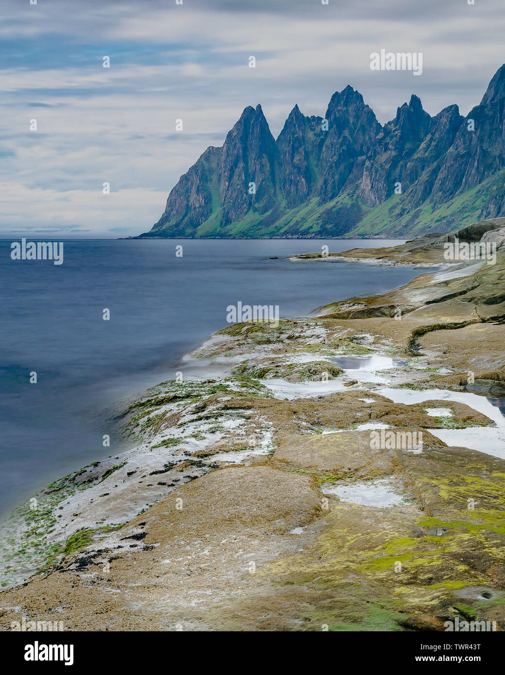 L'isola di Senja nell'artico norvegese è di casa a mozzafiato frastagliate cime di montagna, coste frastagliate e spiagge di sabbia bianca. Foto Stock