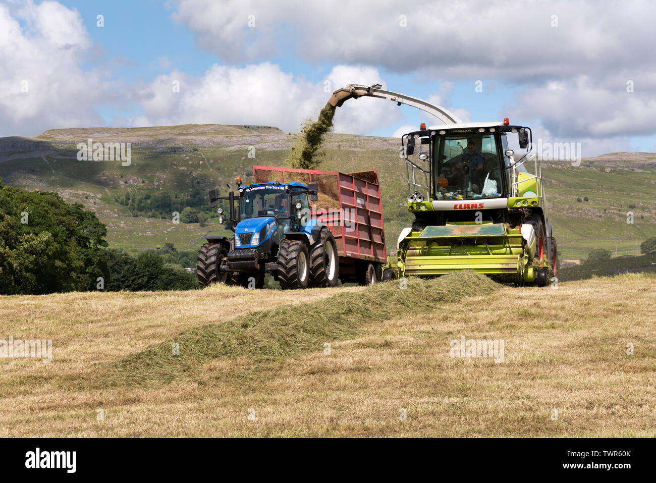 Gli agricoltori di approfittare di un giorno di estate secca meteo per tagliare il fieno dei prati e raccogliere l'erba per insilati, Austwick, North Yorkshire. Foto Stock
