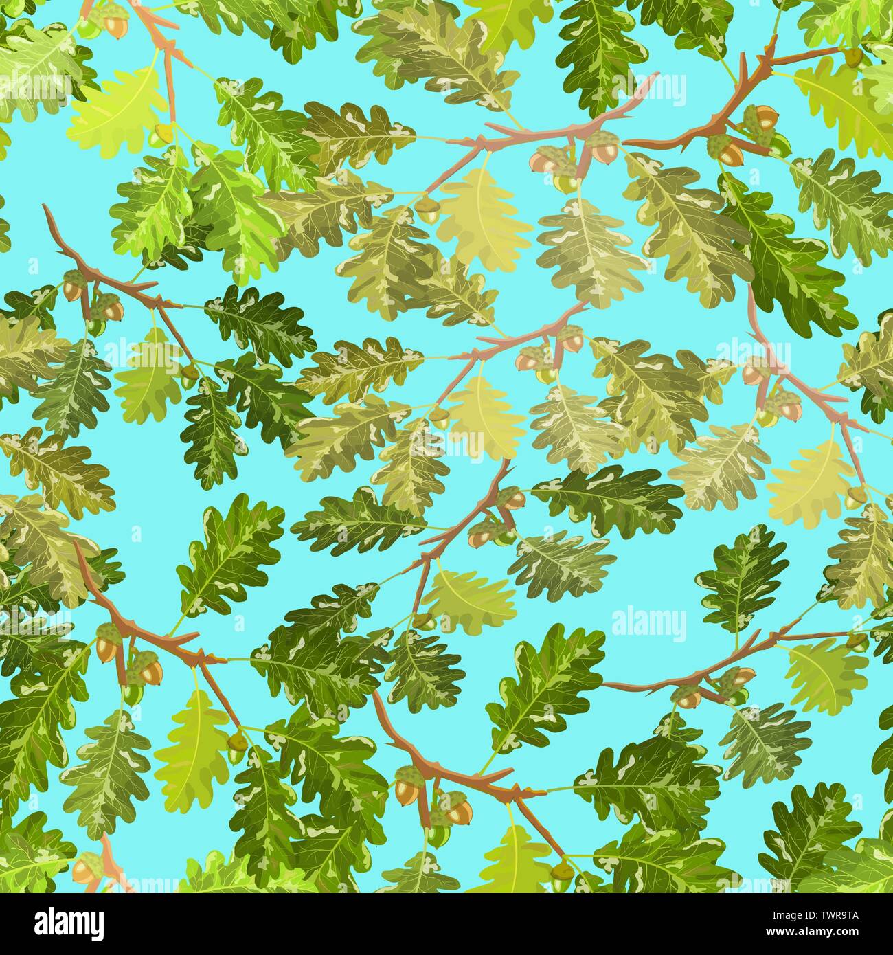 Oak rami con foglie e acorn seamless pattern con luce blu sullo sfondo del cielo Illustrazione Vettoriale