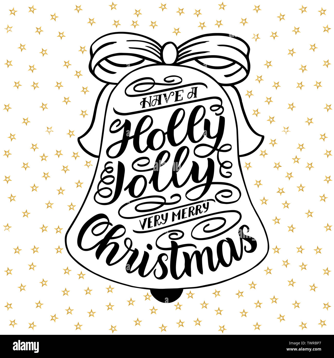 Hanno un holly jolly molto buon Natale. Scritte a mano di biglietto di auguri di Natale con Jingle Bells telaio. Vintage design tipografia. illustrazione isola Foto Stock