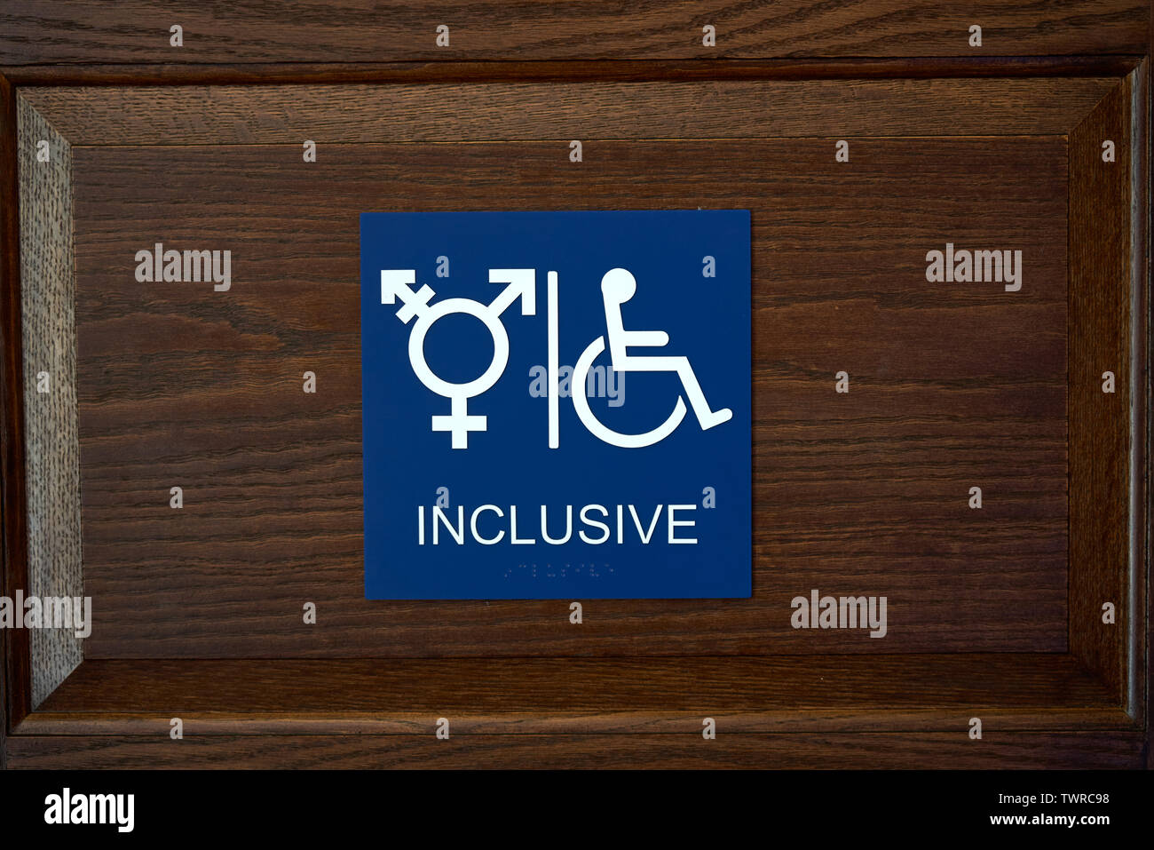 ADA Sesso Inclusive Restroom simbolo segno a parete con il simbolo della sedia a rotelle e braille Foto Stock