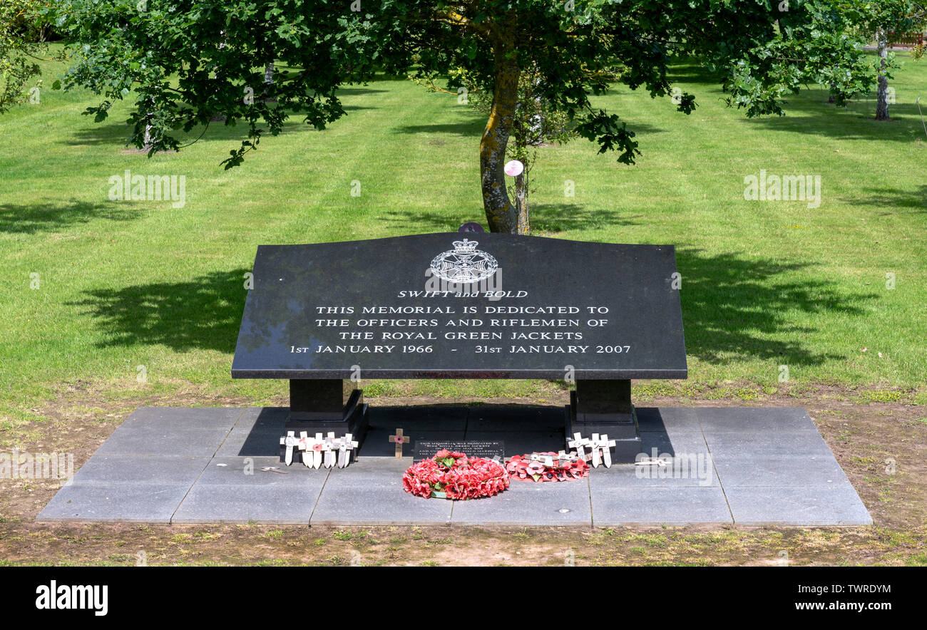 Il Royal Giacche Verdi Memorial presso il National Memorial Arboretum, Alrewas, Staffordshire, England, Regno Unito Foto Stock