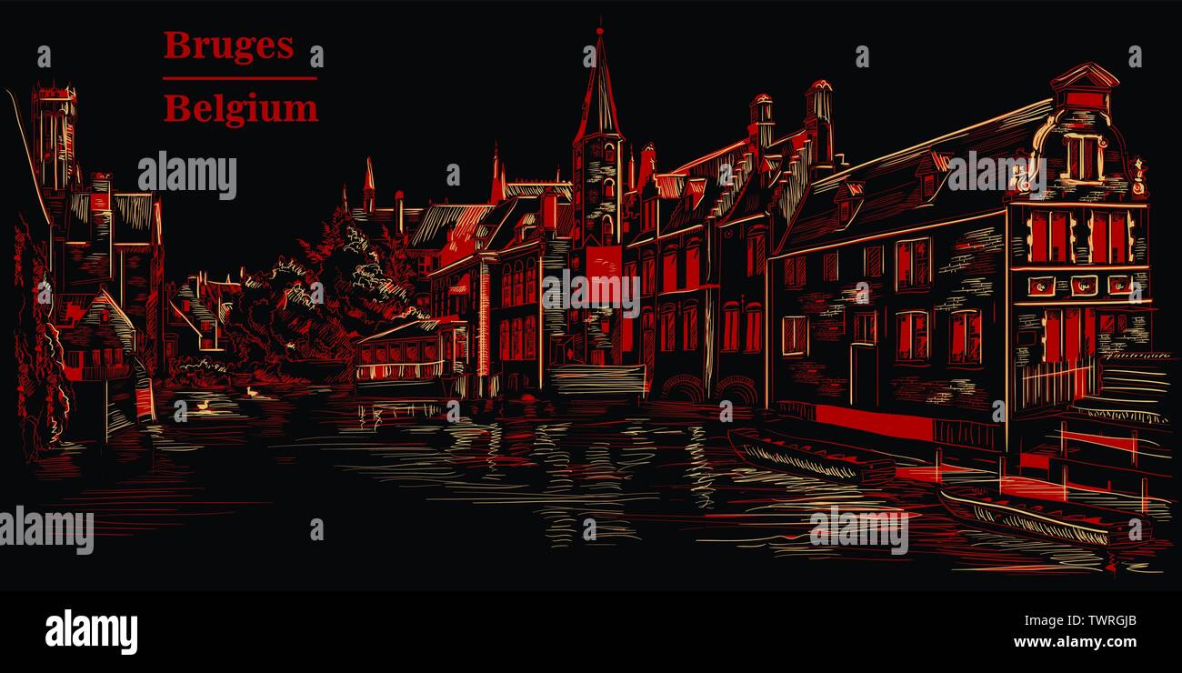 Vista su acqua di Rozenhoedkaai canal a Bruges, Belgio. Punto di riferimento del Belgio. Vettore di disegno a mano illustrazione in colore rosso isolato su sfondo nero. Illustrazione Vettoriale