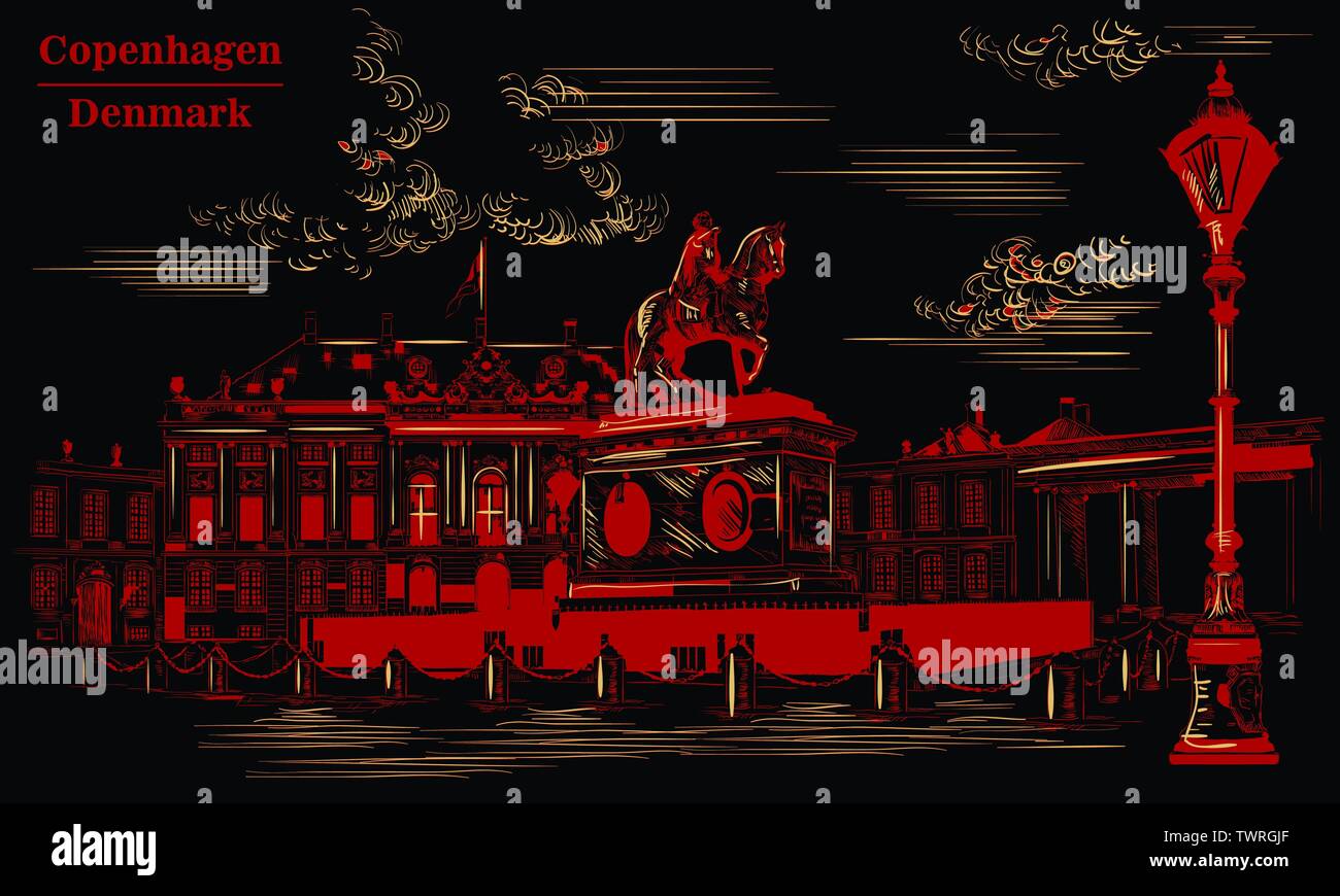 Amalienborg Square di Copenhagen, Danimarca. Punto di riferimento della Danimarca. Vettore di disegno a mano illustrazione in colore rosso isolato su sfondo nero. Illustrazione Vettoriale