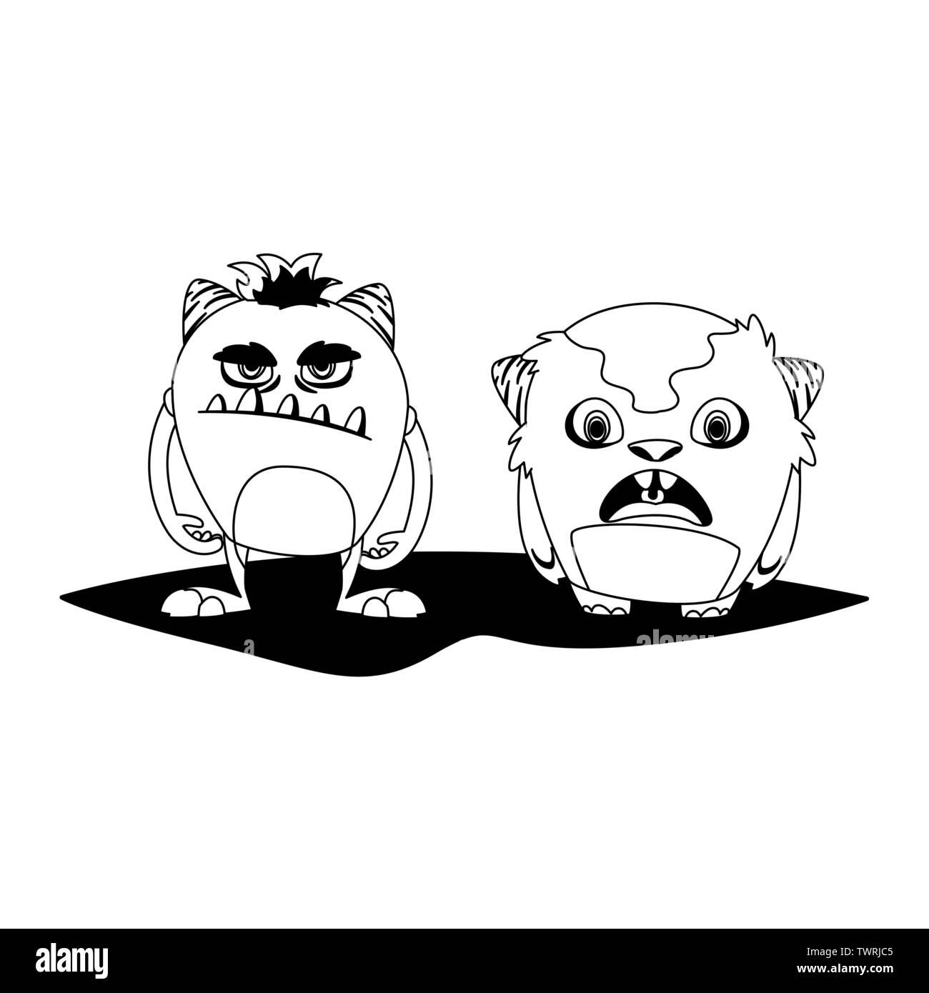Mostri divertenti giovane comic caratteri monocromatici illustrazione vettoriale design Illustrazione Vettoriale