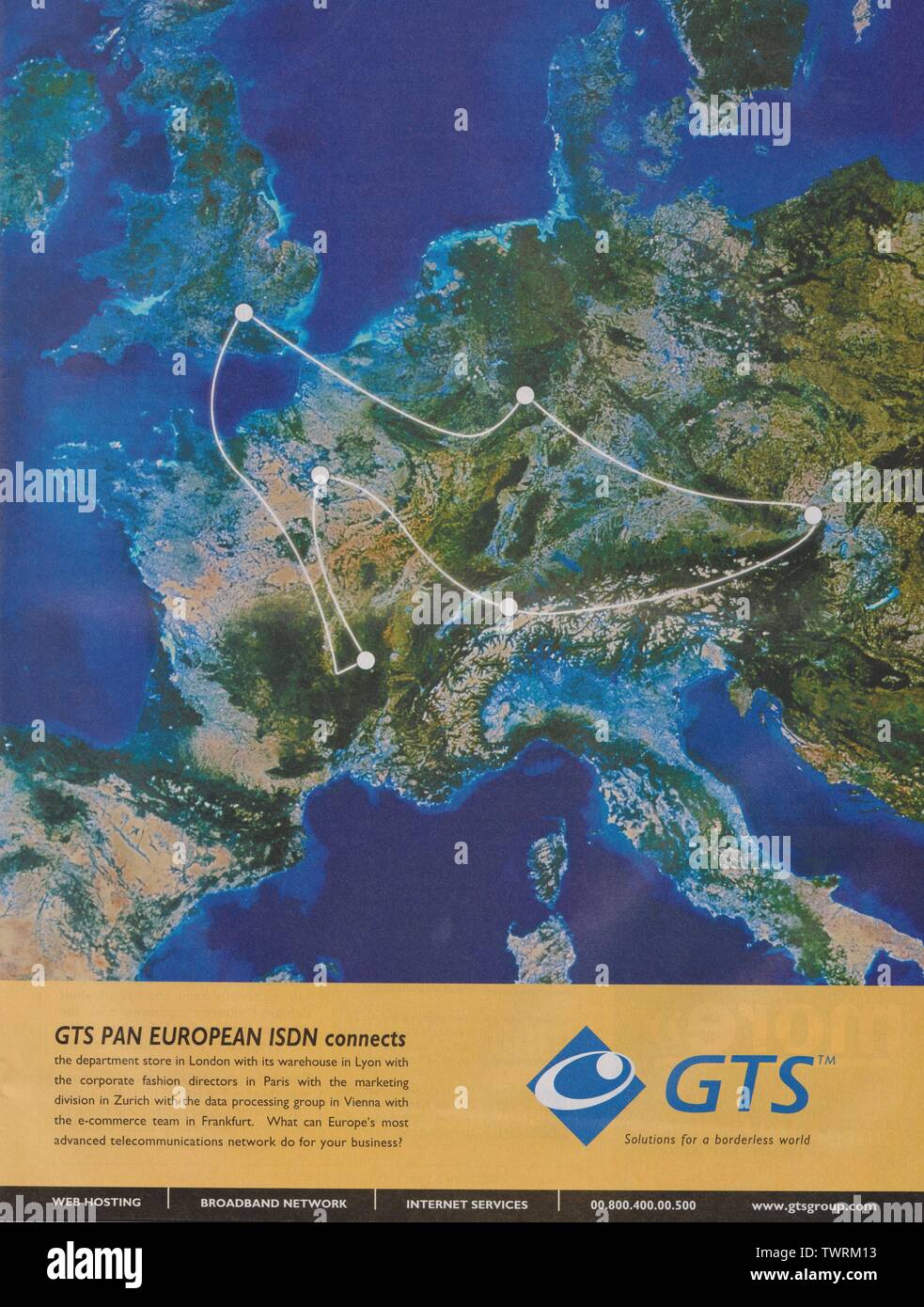 Pubblicità di poster GTS Global Telecommunication Service su rivista cartacea dal 2000 anno, pubblicità, pubblicità creativa GTS dagli anni '2000 Foto Stock