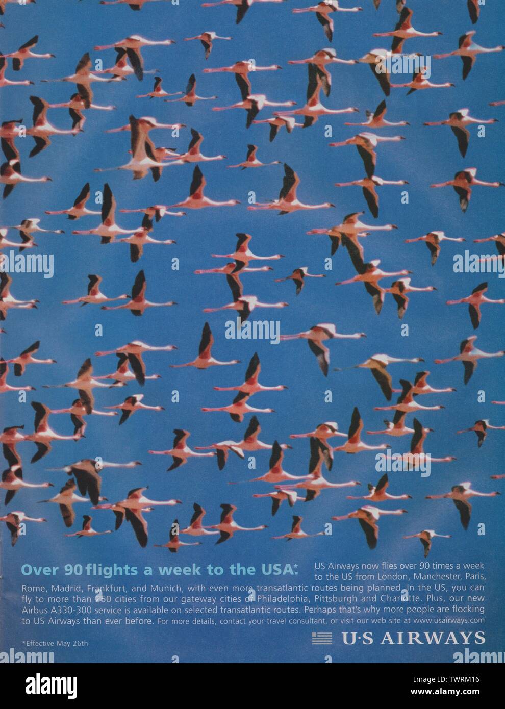 Poster che pubblicizza la compagnia aerea US Airways sulla rivista cartacea da 2000 anni, pubblicità, pubblicità creativa US Airways da 2000 anni Foto Stock