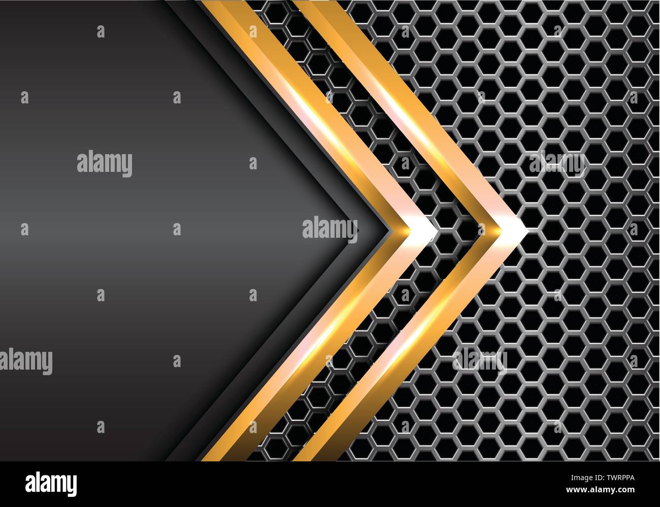 Abstract oro doppia freccia grigio metallo sulla maglia esagonale pattern design moderno lusso futuristico vettore sfondo immagine. Illustrazione Vettoriale