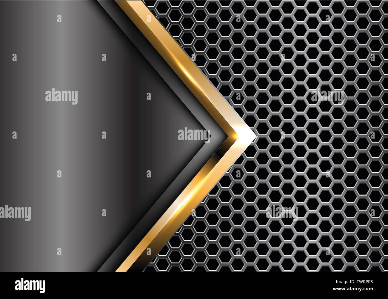 Abstract freccia oro grigio metallo sulla maglia esagonale pattern design moderno lusso futuristico vettore sfondo immagine. Illustrazione Vettoriale