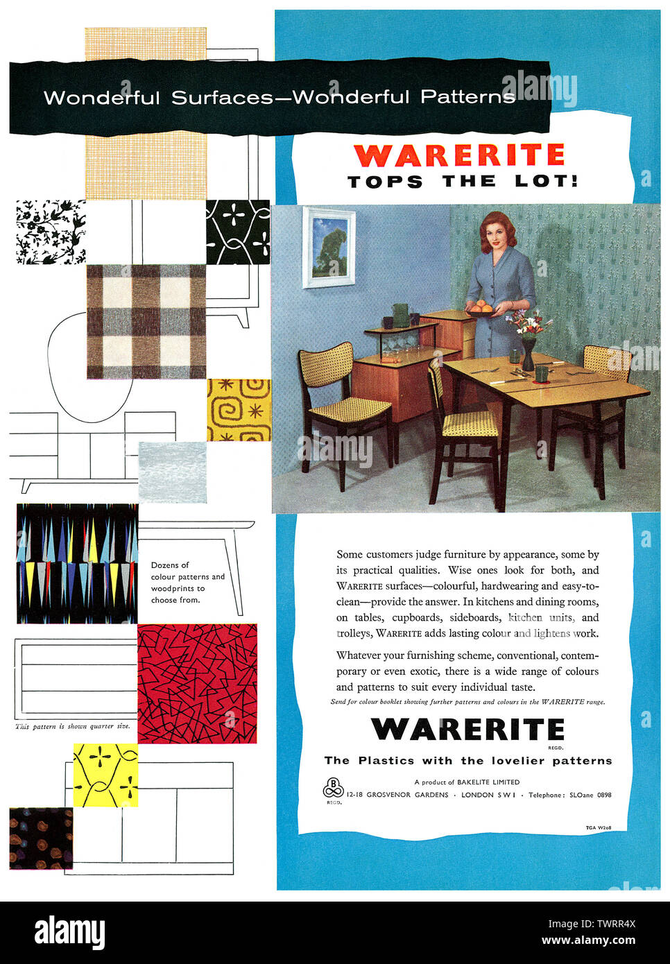 1958 British pubblicità per plastica Warerite le superfici di lavoro. Foto Stock