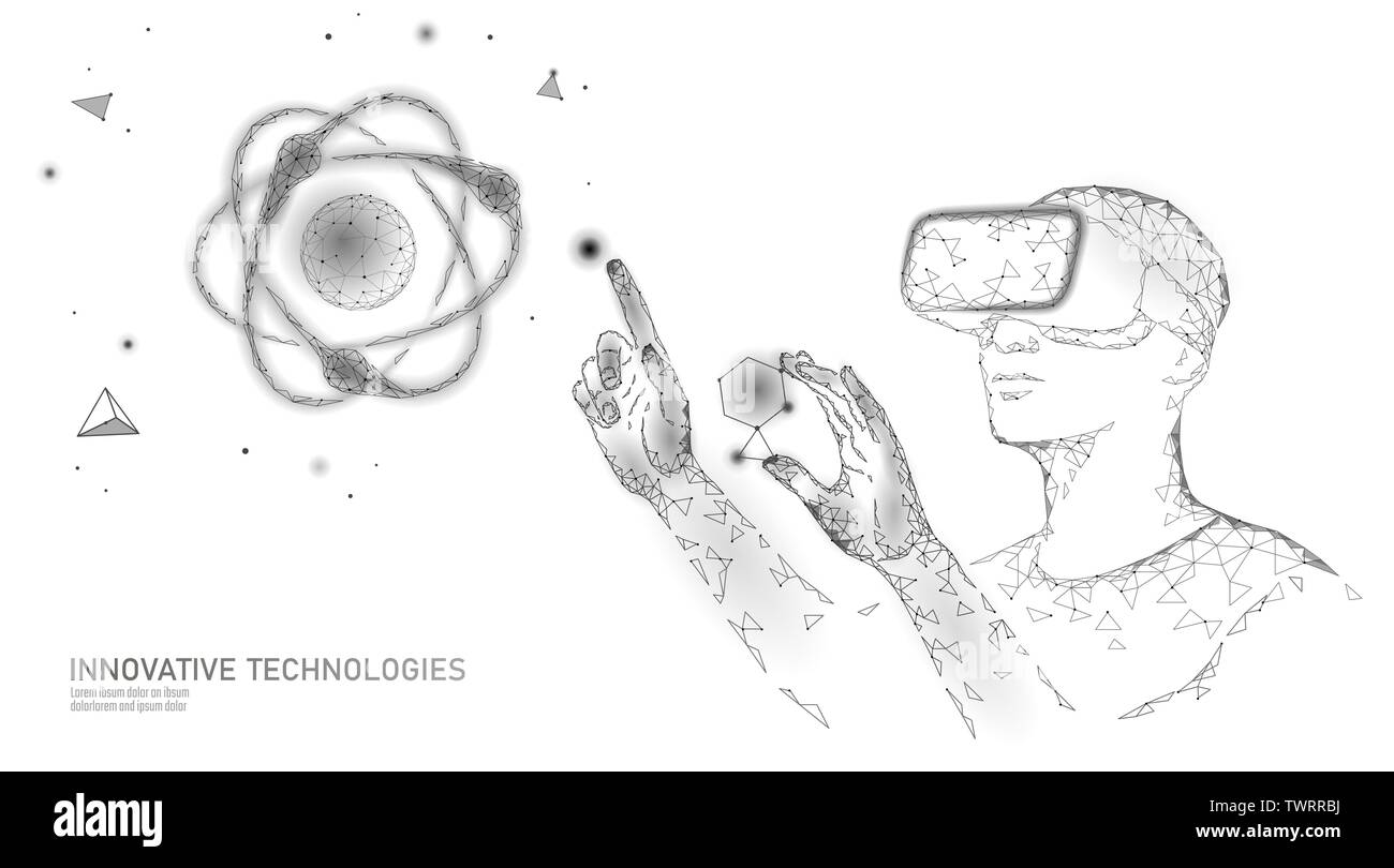 La realtà virtuale science research concept. Il lavoro tecnico sul progetto augmented reality. Occhiali 3D auricolare vr di analisi dei dati dispositivo digitale. Online Illustrazione Vettoriale
