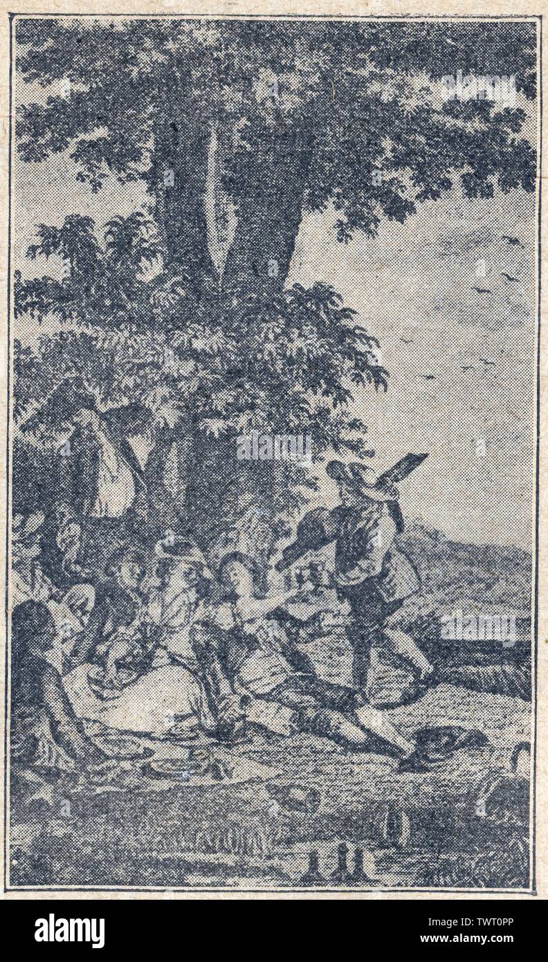 LE REPAS CHAMPÊTRE. GRAVURE DE MOREAU LE JEUNE POUR L'ÉDITION DE L'ÉMILE DE J.J. ROUSSEAU. LONDRES. 1781 Foto Stock