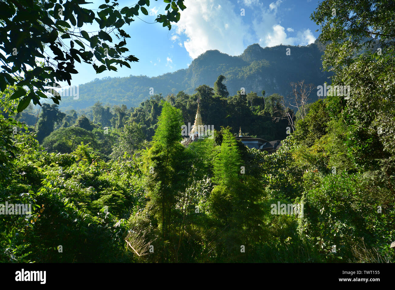 Vista di Wat Tham Pha Plong nella giungla. Chiang Dao, Chiang Mai Provincia, Thailandia. Foto Stock