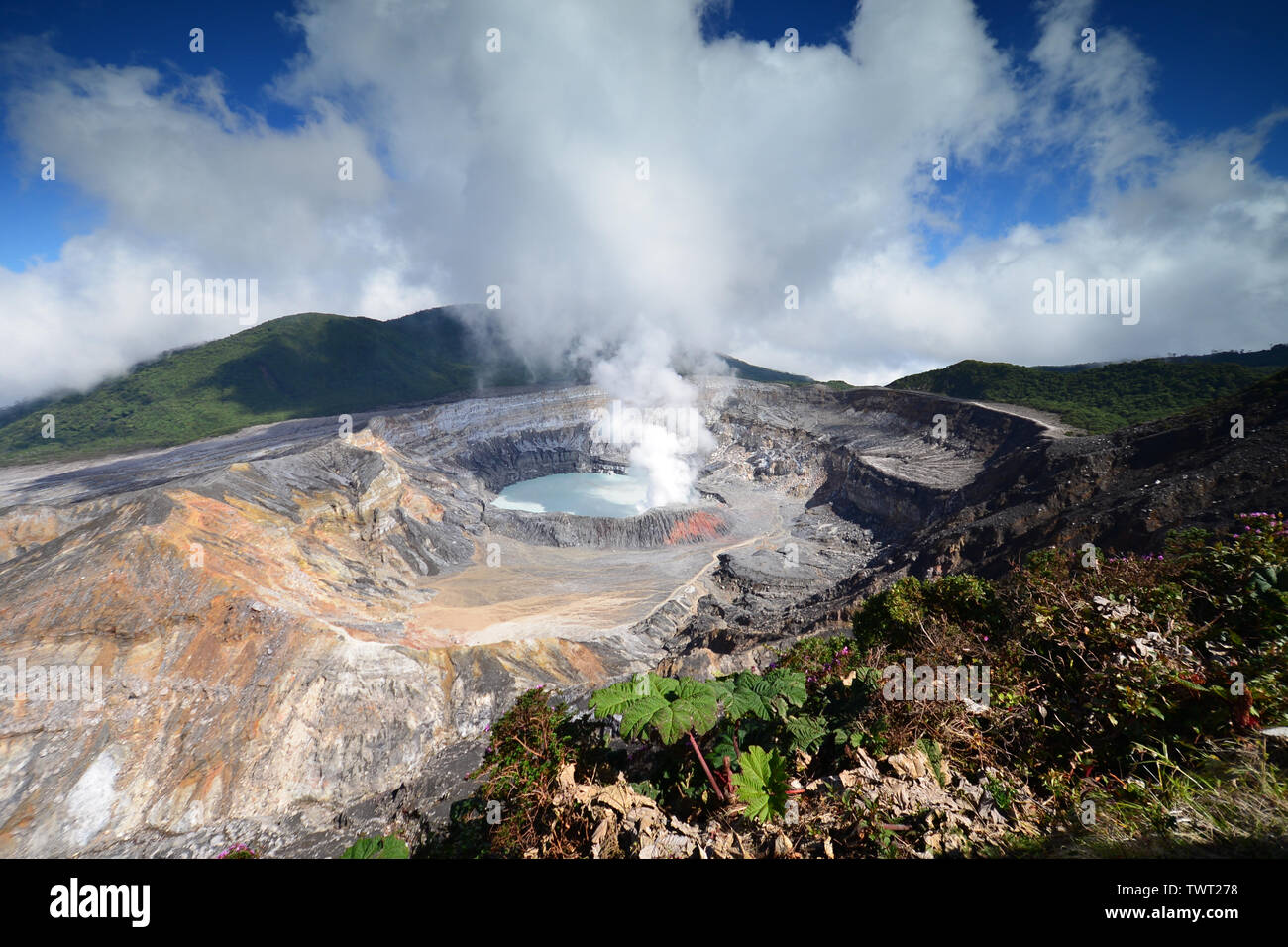 Caldera con il cratere del lago ed il vapore in aumento. Vulcano Poas, nel Parco Nazionale del Vulcano Poas, Costa Rica Foto Stock