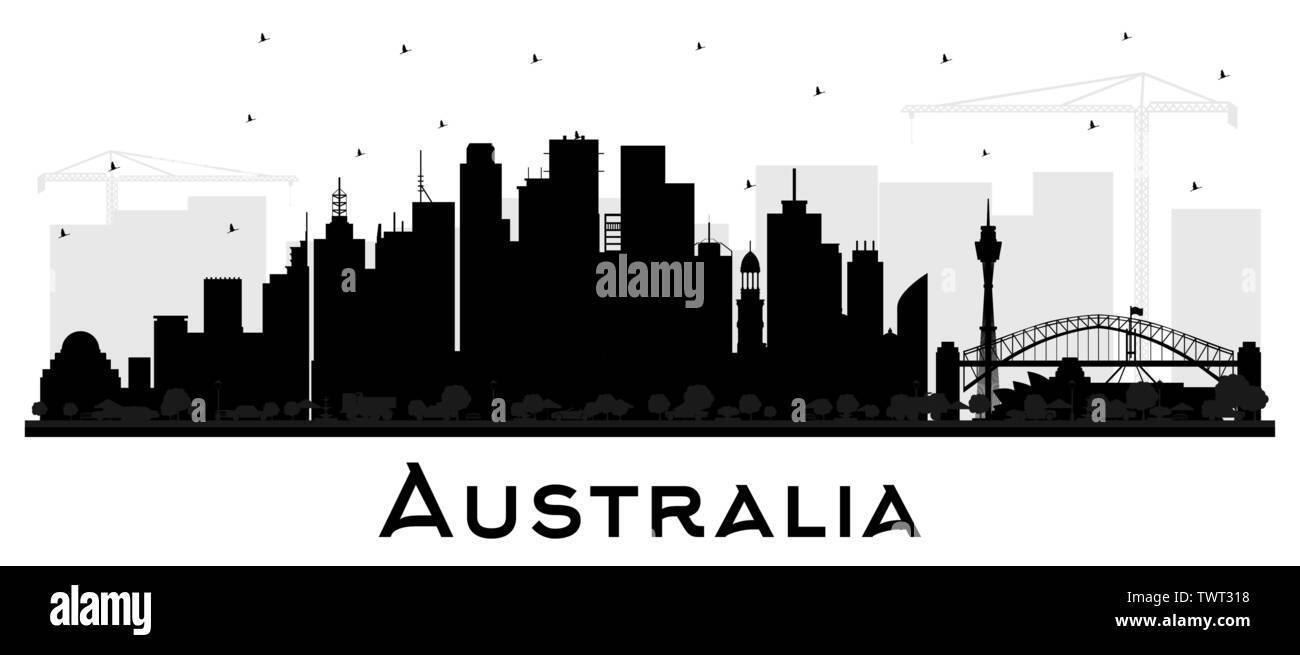 Australia dello skyline della città silhouette nera con edifici isolati su bianco. Illustrazione Vettoriale. Il concetto di turismo con architettura storica. Australia. Illustrazione Vettoriale