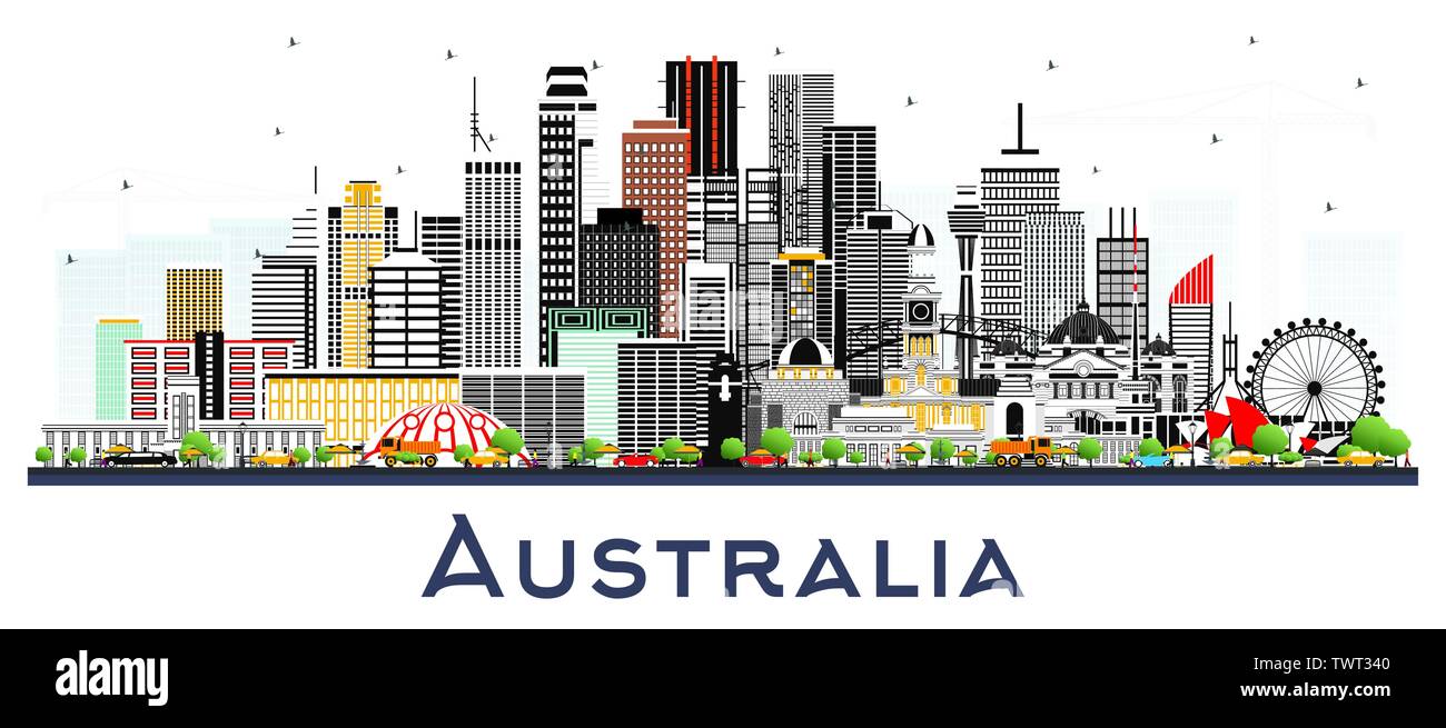 Australia dello skyline della città con edifici grigi isolati su bianco. Illustrazione Vettoriale. Il concetto di turismo con architettura storica. Paesaggio urbano in Australia. Illustrazione Vettoriale