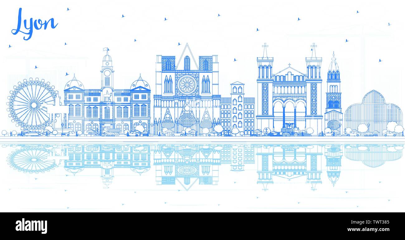 Delineare Lyon Francia dello skyline della città con edifici blu e riflessi. Illustrazione Vettoriale. Illustrazione Vettoriale